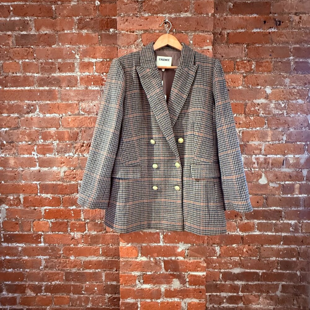 NWT L'Agence Aimee Double-Breasted Boyfriend Blazer Almond Houndstooth 8